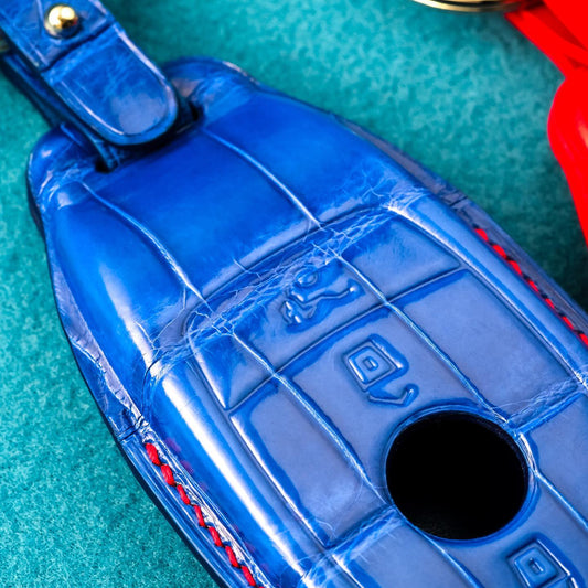 Bespoke Key Fob Covers in Blue & Red Crocodile