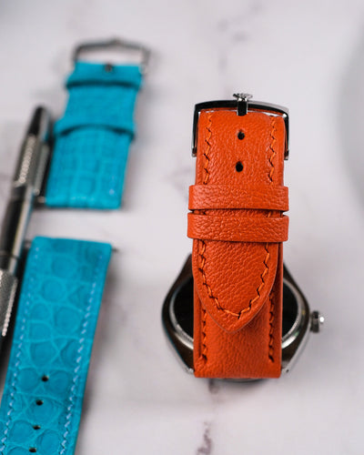 Bespoke Watch Straps in Turquoise Crocodile & Orange Chèvre