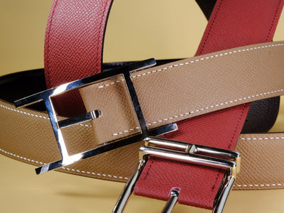 Bespoke Reversible Belts in Maroon Red & Taupe Epsom, Chocolate Brown Togo & Black Box