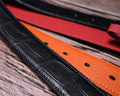 Bespoke Reversible Belts in Black Crocodile, Orange Togo & Maroon Red Epsom