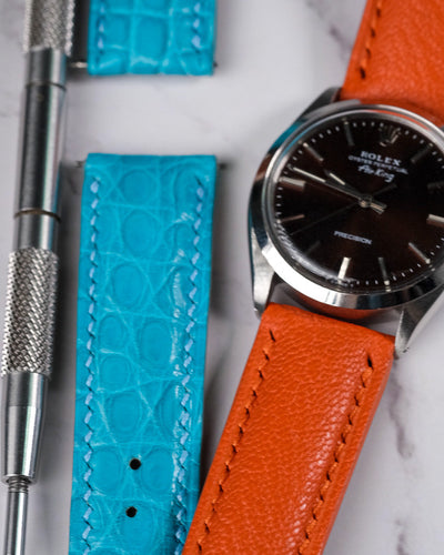 Bespoke Watch Straps in Turquoise Crocodile & Orange Chèvre