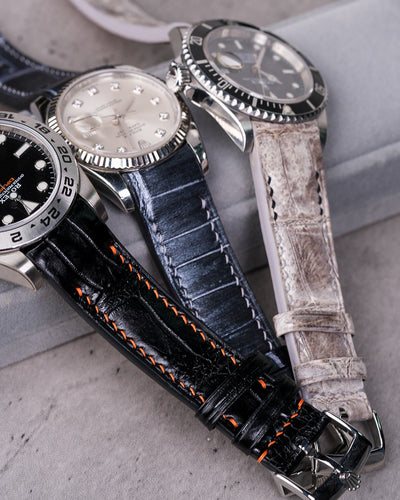 Bespoke Watch Straps in Black, Natural Himalayan Crocodile & Black Silver Alligator