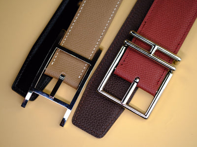 Bespoke Reversible Belts in Maroon Red & Taupe Epsom, Chocolate Brown Togo & Black Box
