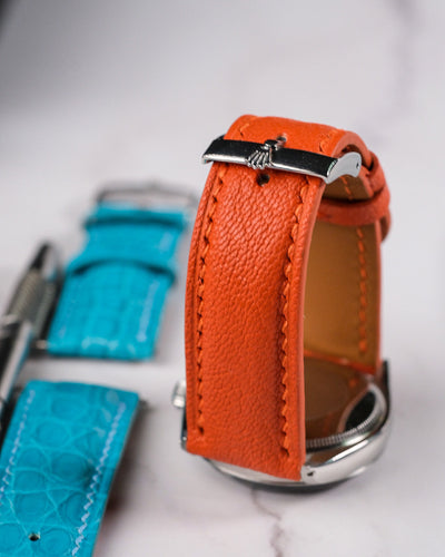 Bespoke Watch Straps in Turquoise Crocodile & Orange Chèvre