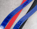 Bespoke Reversible Belts in Electric Blue Crocodile, Black & Maroon Red Epsom
