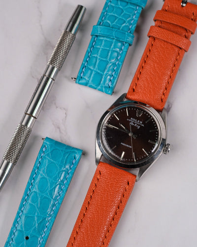 Bespoke Watch Straps in Turquoise Crocodile & Orange Chèvre