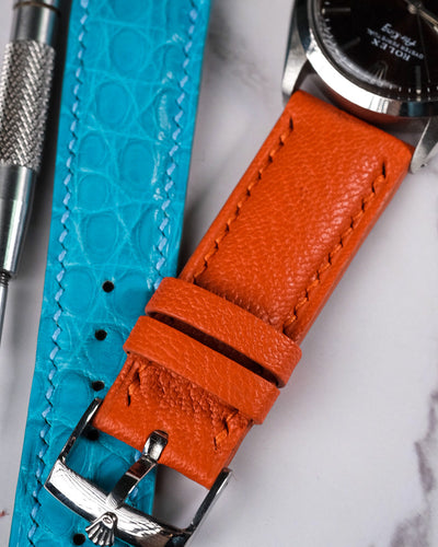 Bespoke Watch Straps in Turquoise Crocodile & Orange Chèvre