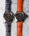 Bespoke Watch Straps in Grey Rubbed Off Crocodile & Volcano Orange Alligator