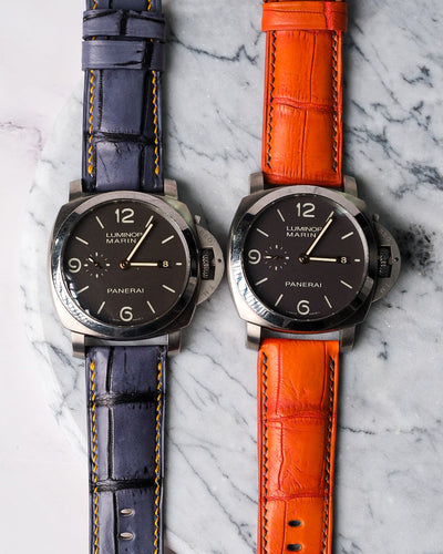 Bespoke Watch Straps in Grey Rubbed Off Crocodile & Volcano Orange Alligator
