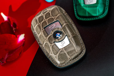 Bespoke Key Fob Covers in Baby Blue Nappa, Hunter Green & Grey Crocodile