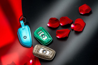 Bespoke Key Fob Covers in Baby Blue Nappa, Hunter Green & Grey Crocodile
