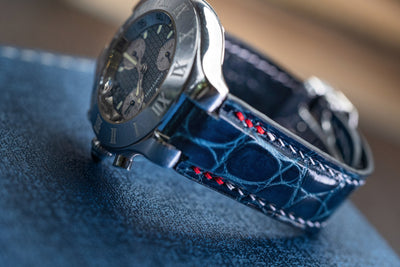 Bespoke Watch Strap in Peacock Blue Circular Grains Alligator