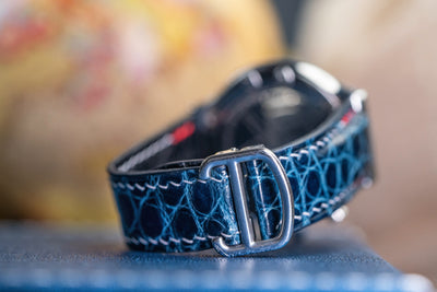 Bespoke Watch Strap in Peacock Blue Circular Grains Alligator