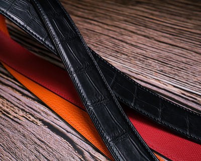 Bespoke Reversible Belts in Black Crocodile, Orange Togo & Maroon Red Epsom