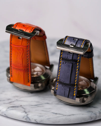 Bespoke Watch Straps in Grey Rubbed Off Crocodile & Volcano Orange Alligator