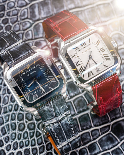 Bespoke Watch Straps in Black Silver Alligator & Blood Red Crocodile