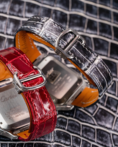 Bespoke Watch Straps in Black Silver Alligator & Blood Red Crocodile