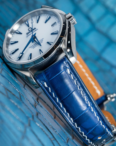 Bespoke Watch Strap in Tie Dye Blue Crocodile