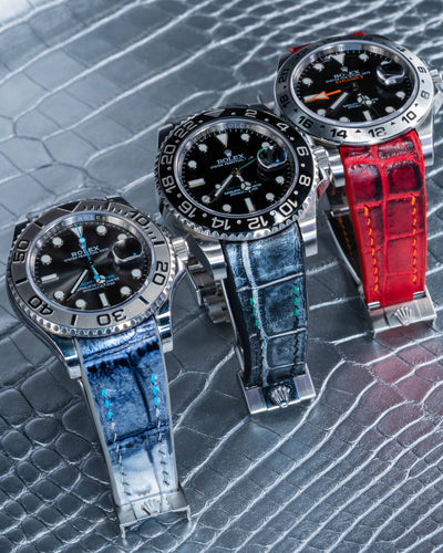 Bespoke Watch Straps in Metallic Silver, Black Silver Alligator & Red Himalayan Crocodile