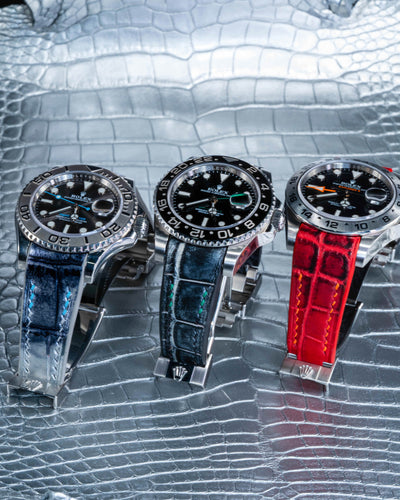 Bespoke Watch Straps in Metallic Silver, Black Silver Alligator & Red Himalayan Crocodile