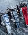Bespoke Watch Straps in Metallic Silver, Black Silver Alligator & Red Himalayan Crocodile