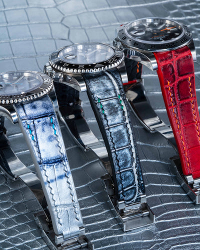 Bespoke Watch Straps in Metallic Silver, Black Silver Alligator & Red Himalayan Crocodile