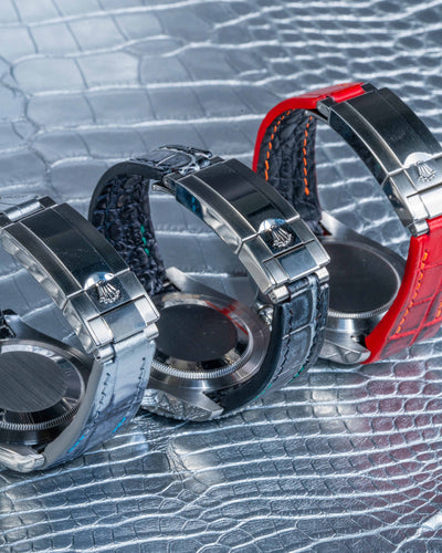Bespoke Watch Straps in Metallic Silver, Black Silver Alligator & Red Himalayan Crocodile