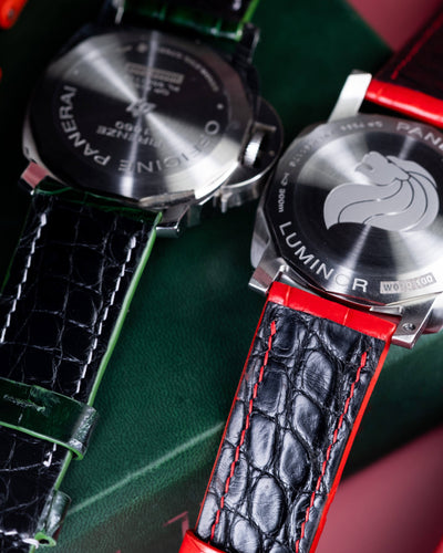 Bespoke Watch Straps in Ferrari Red & Hunter Green Crocodile