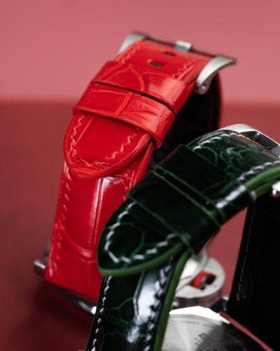 Bespoke Watch Straps in Ferrari Red & Hunter Green Crocodile