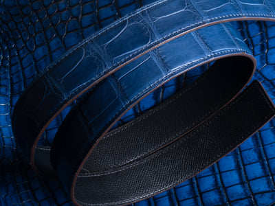 Bespoke Reversible Belt in Electric Blue Crocodile & Black Box