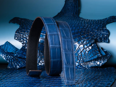 Bespoke Reversible Belt in Electric Blue Crocodile & Black Box