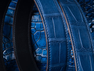 Bespoke Reversible Belt in Electric Blue Crocodile & Black Box