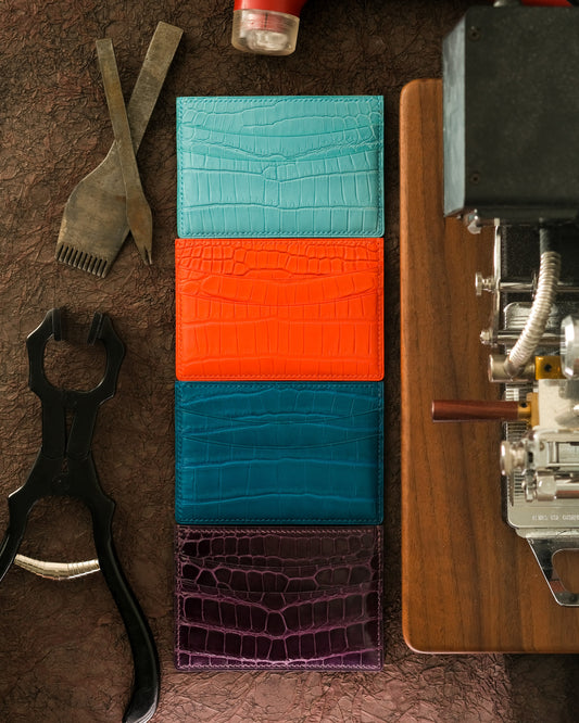 Bespoke Card Holders In Baby Blue, Orange, Miami Blue & Purple Himalayan Crocodile