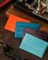 Bespoke Card Holders In Baby Blue, Orange, Miami Blue & Purple Himalayan Crocodile