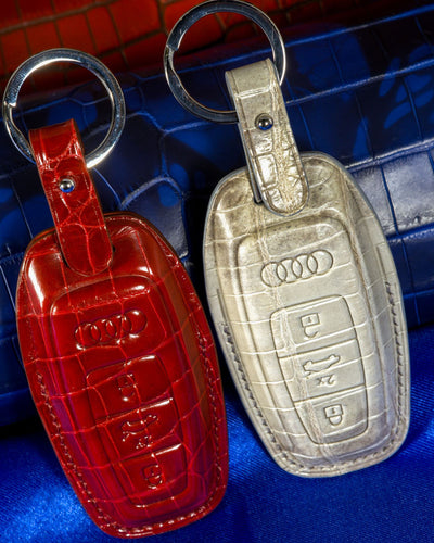 Bespoke Key Fob Covers in Blood Red & Grey Himalayan Crocodile