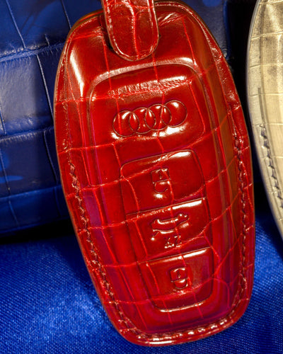 Bespoke Key Fob Covers in Blood Red & Grey Himalayan Crocodile