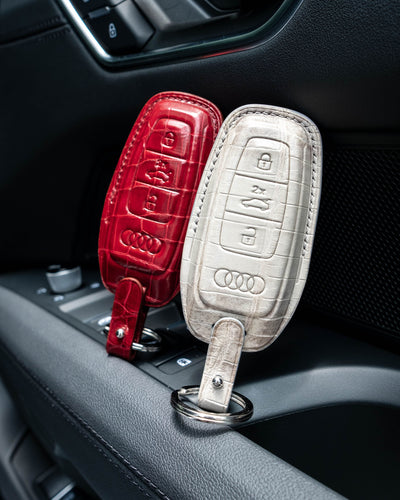 Bespoke Key Fob Covers in Blood Red & Grey Himalayan Crocodile