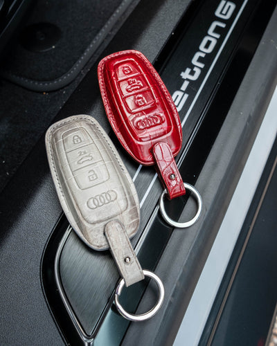 Bespoke Key Fob Covers in Blood Red & Grey Himalayan Crocodile