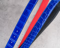 Bespoke Reversible Belts in Electric Blue Crocodile, Black & Maroon Red Epsom
