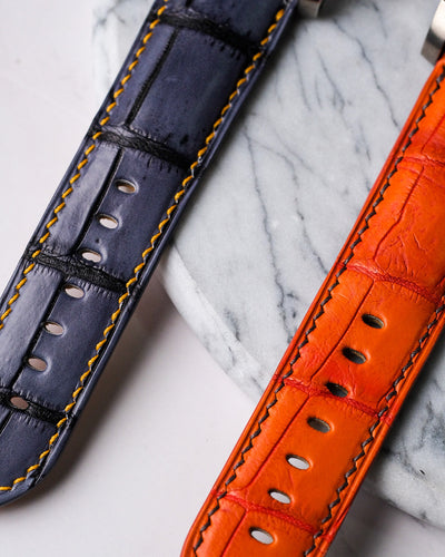 Bespoke Watch Straps in Grey Rubbed Off Crocodile & Volcano Orange Alligator