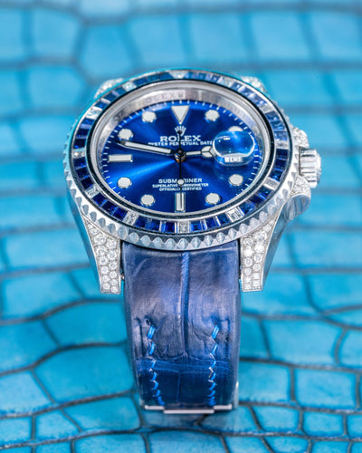 Bespoke Watch Strap in Tie Dye Blue Crocodile
