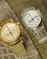 Bespoke Watch Straps in Pear Green Alligator & Grey Himalayan Crocodile