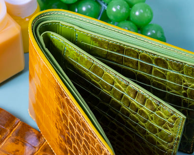 Bespoke Bifold Wallet in Yellow Himalayan & Apple Green Himalayan Crocodile