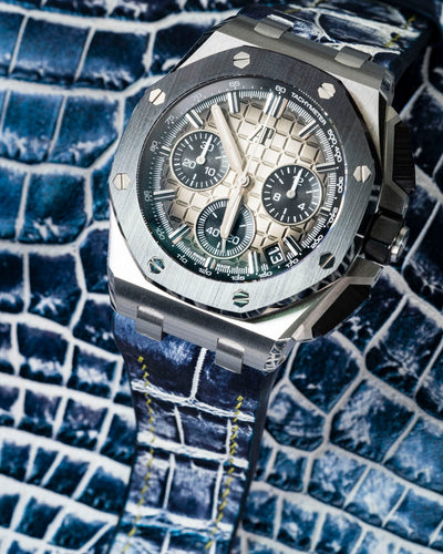 Bespoke Watch Strap in Tainted Blue Snowflake Crocodile