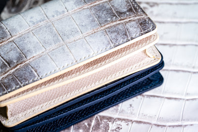 Bespoke Bifold Wallets in Natural Himalayan Crocodile & Graphite Grey Alligator