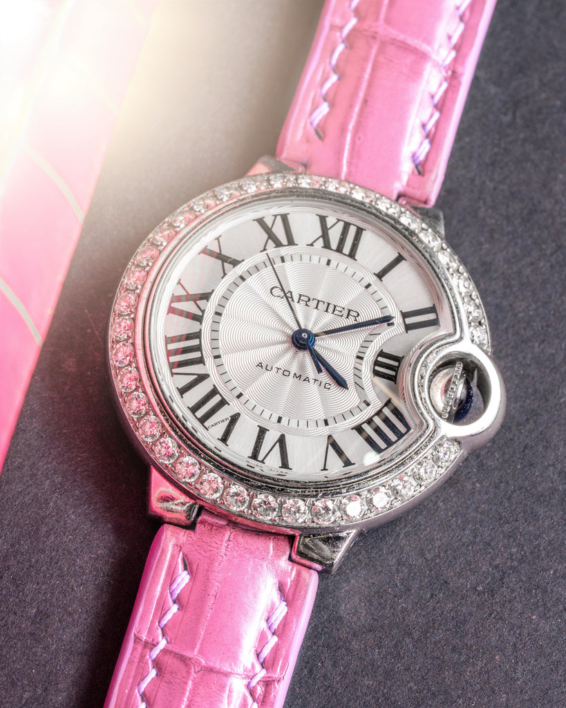 Pink diamond Croc Watch Santos 100 Small Pink Alligator with Diamonds - Luxury Time main image 2
