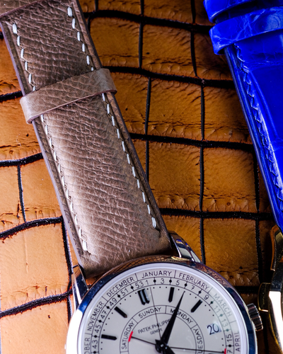 Bespoke Watch Straps in Electric Blue Crocodile & Etoupe Epsom