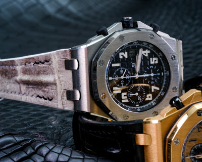 Bespoke Watch Strap in Black Crocodile & Natural Himalayan Crocodile