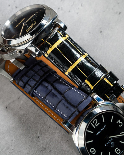 Bespoke Watch Straps in Gold Black Alligator & Grey Rubbed Off Crocodile