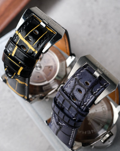 Bespoke Watch Straps in Gold Black Alligator & Grey Rubbed Off Crocodile